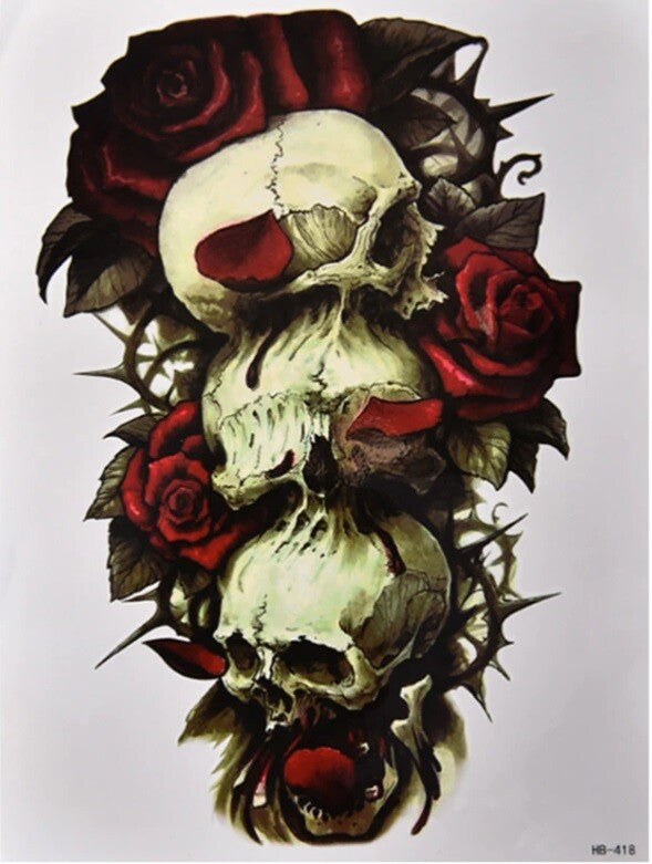 Large Waterproof 3D Traditional Skull & Roses Temporary Tattoo Sticker Art #2