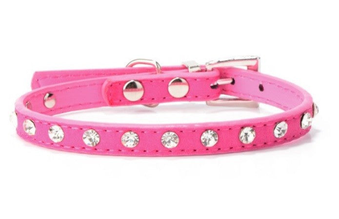 Suede Leather Dog Collar Diamante Puppy Bling Yorkie Teacup Chihuahua & Upwards - Fuchsia