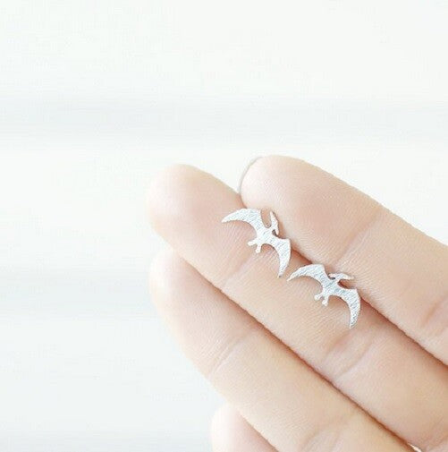 Tiny Dinosaur Stud Earrings Gold & Silver T-Rex Velociraptor & Gift Box - Pterodactyl