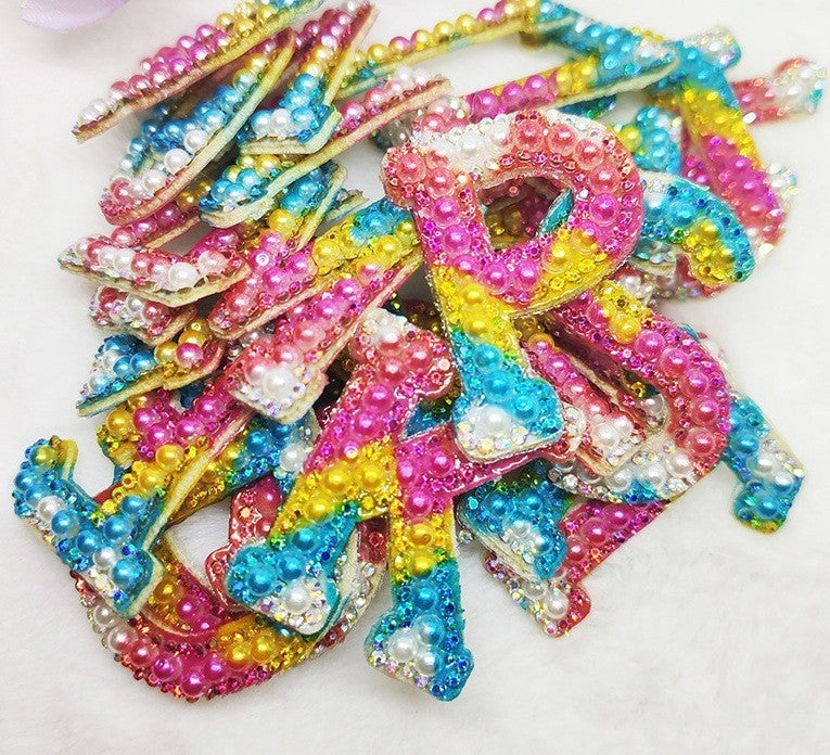 Coloured Pearl Rhinestone Letter Patch Patches Iron on Sew on Alphabet Crystal