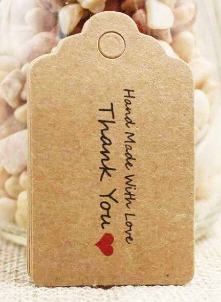100 x Hand Made With Love Thank You Tag Labels Stickers Craft Tags With String