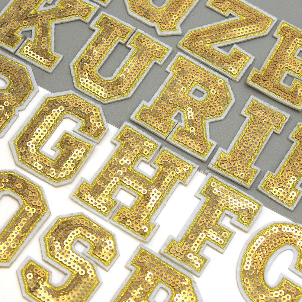 Gold Sequins Varsity Letter Patch Iron or Sew on Alphabet Customise Clothing 5cm