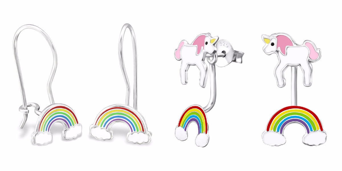 925 Sterling Silver Rainbow & Clouds Unicorn Stud Earrings & Gift Box