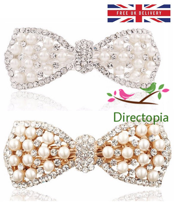 Crystal Bow Gold or Silver Diamante & Pearl Hair Clip Silver Wedding Bridesmaid
