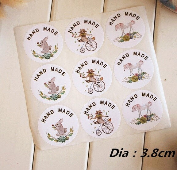 Round Labels 'Hand Made' Rabbit Raccoon Horse Handmade Gift Craft Stickers 3.8cm