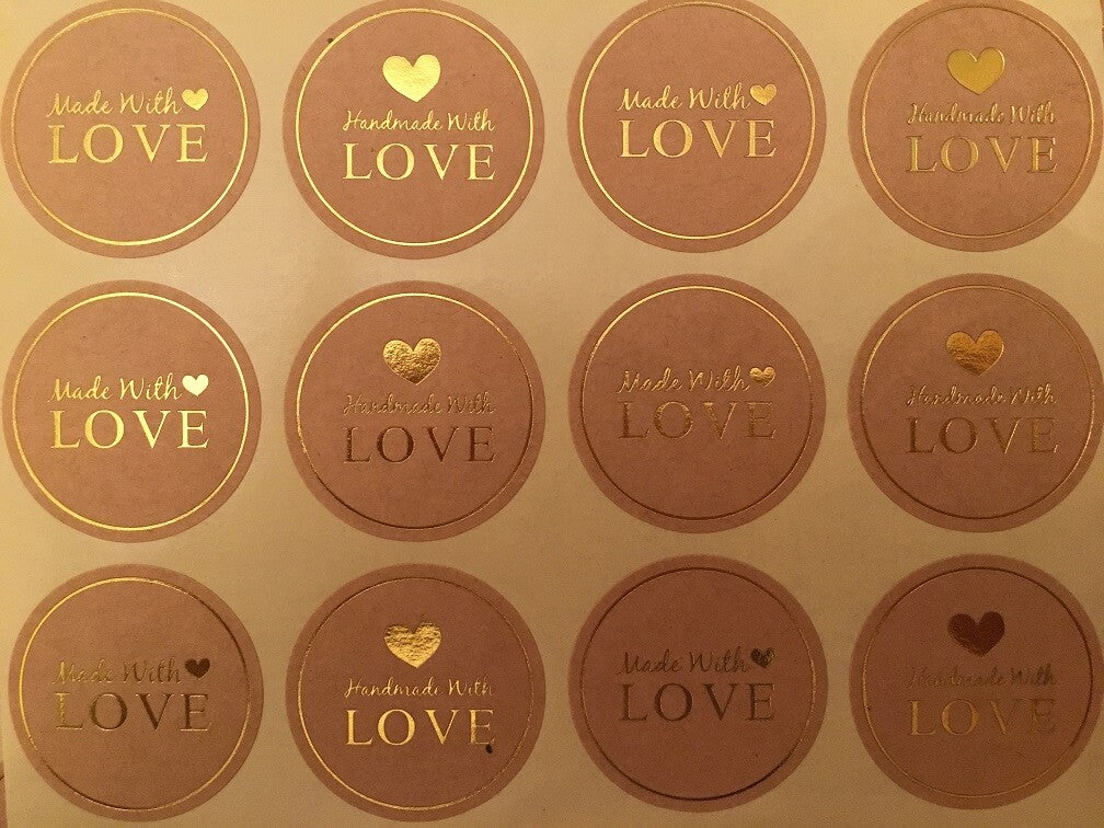 Round Labels Hand made with love Mixed Gift Craft Stickers Thank You Sticker - Brown & Gold