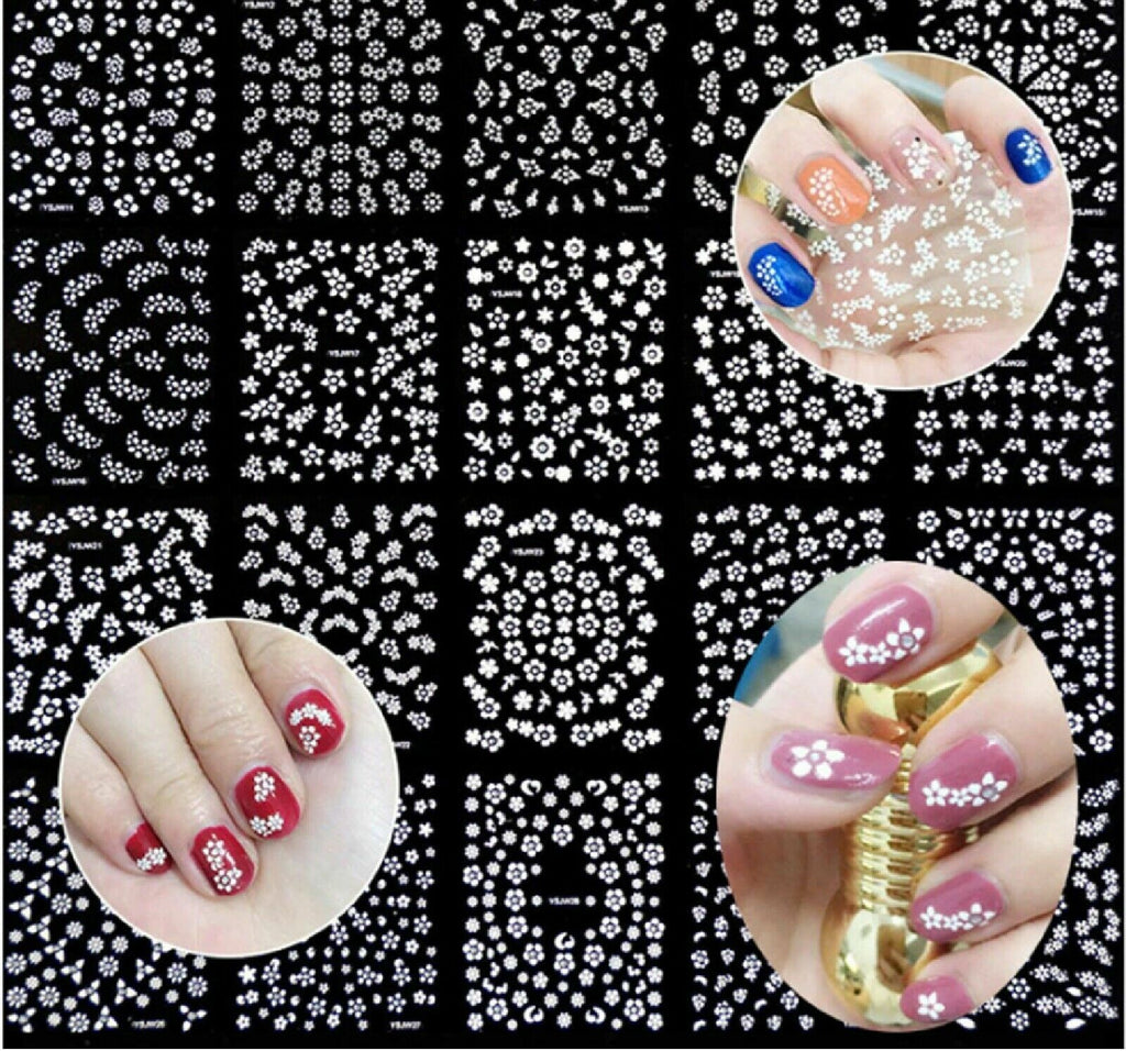 1 Sheet of 3D Nail Art Lace Stickers Decals Transfers Flowers Black White