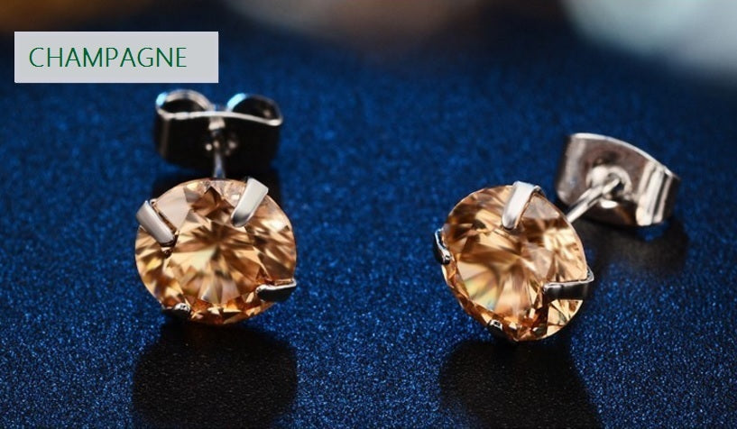 CZ Cubic Zirconia Crystal Cute 8mm Stud Earrings Prom Party 7 Colours & Gift Bag - Champagne