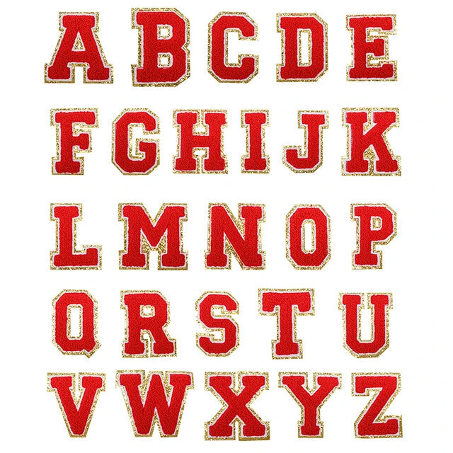 3D Coloured & Gold Chenille Patch Letter Patches Iron on Alphabet 8cm / 80mm - Red