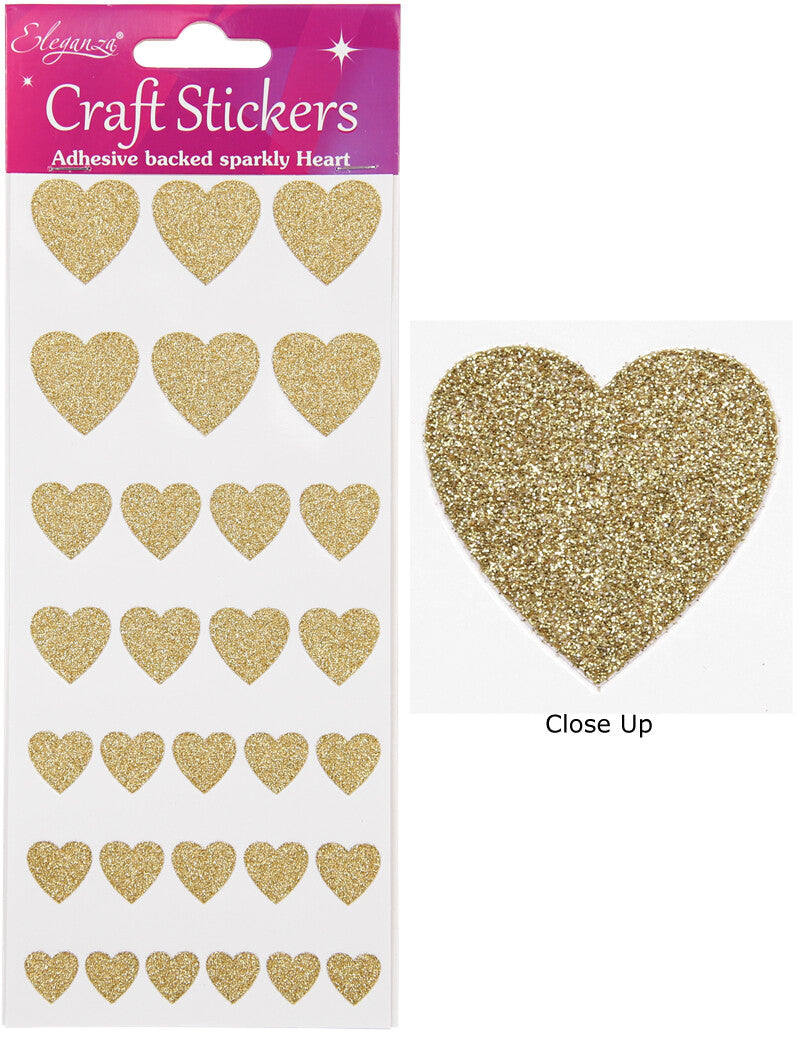 Self Adhesive Glitter Heart Sparkly Stickers Sheet of 30 - 4 Sizes of Hearts - Gold