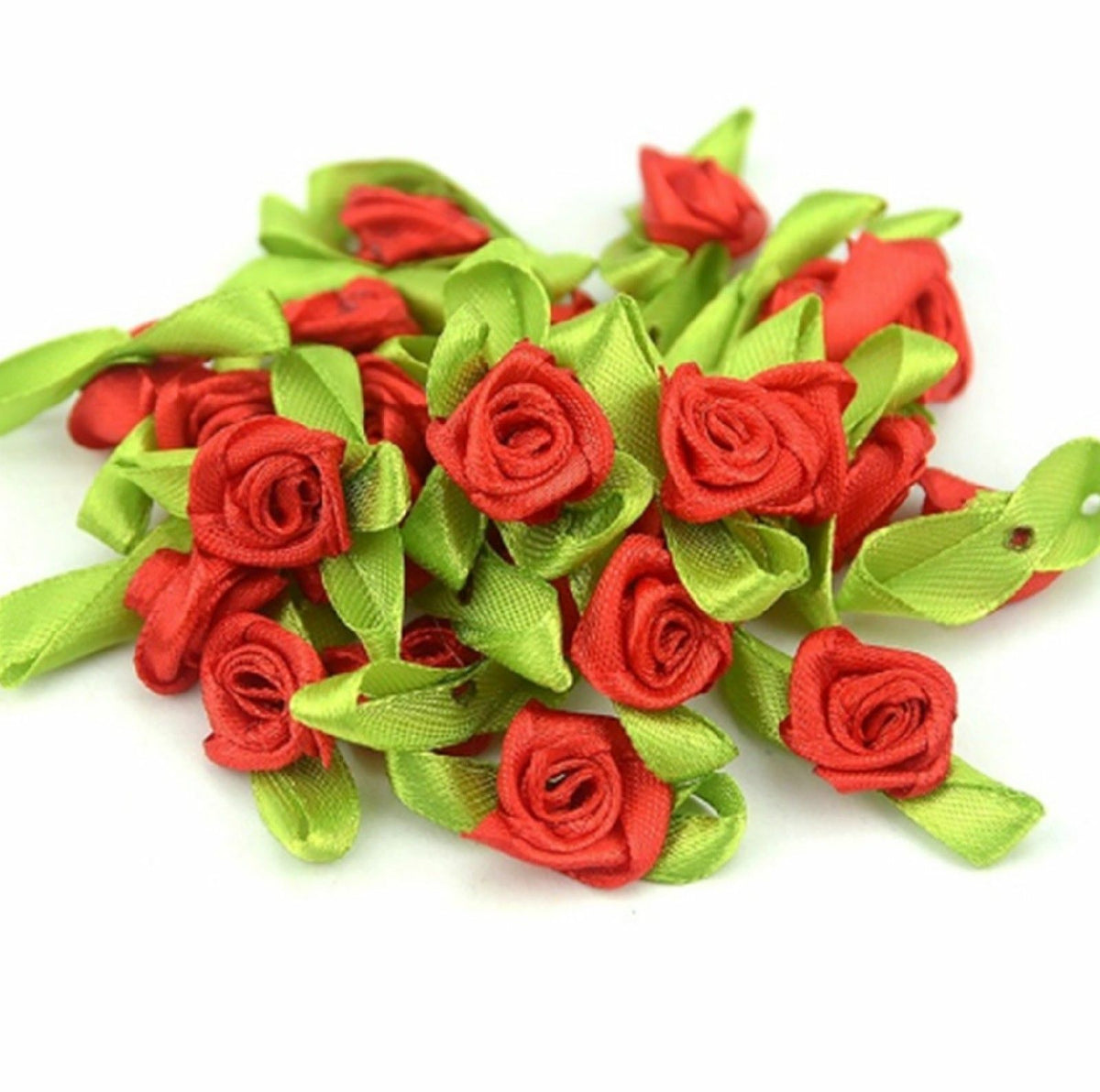 Mini Satin Ribbon Rose Buds Flowers Green Leaf Leaves Craft Wedding Confetti - Red
