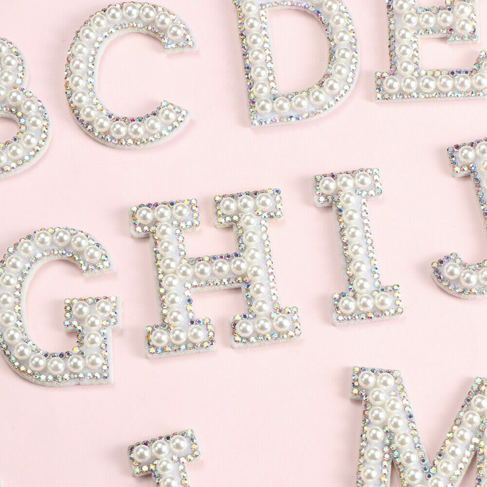 White Pearl AB Silver Rhinestone Letter Patch Patches Iron on Glue/Sew Alphabet