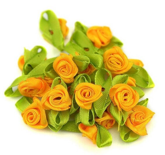 25 x Mini Rose Buds Satin Ribbon Flowers Rosebuds Wedding Card Making Craft - Golden Yellow