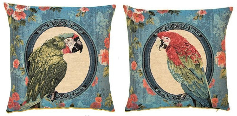 PARROT PARROTS TROPICAL BIRDS PREMIUM BELGIAN TAPESTRY CUSHION COVERS 18" x 18"