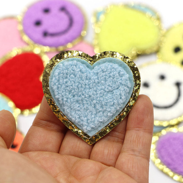 5cm Chenille & Gold Towel Heart Patch Iron on Sew on Customise Clothing Craft - Blue