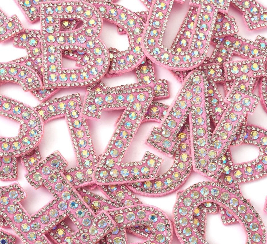 Pink & AB Rhinestone Letter Patch Patches Glue on Sew on Alphabet Crystal