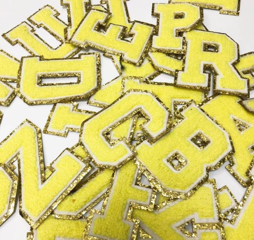 8cm Large 3D Yellow & Gold Chenille Patch Letter Patches Iron or Sew on Alphabet