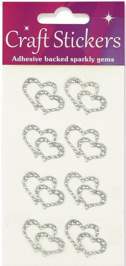 Self Adhesive Diamante Open Hearts Double Heart Stickers Gold Silver Red Blue - Silver Double Hearts Design 2