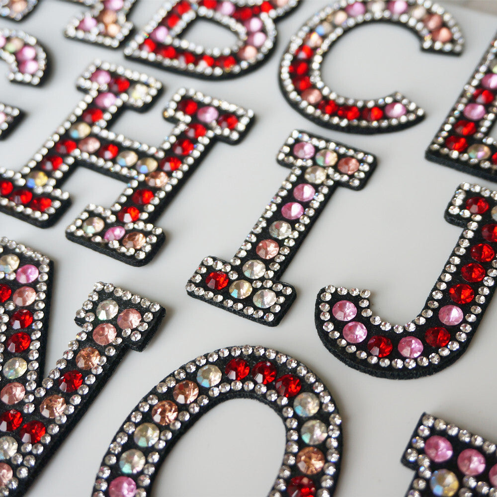 Red Pink Multi Rhinestone Letter Patch Patches Iron on Sew on Alphabet Crystal