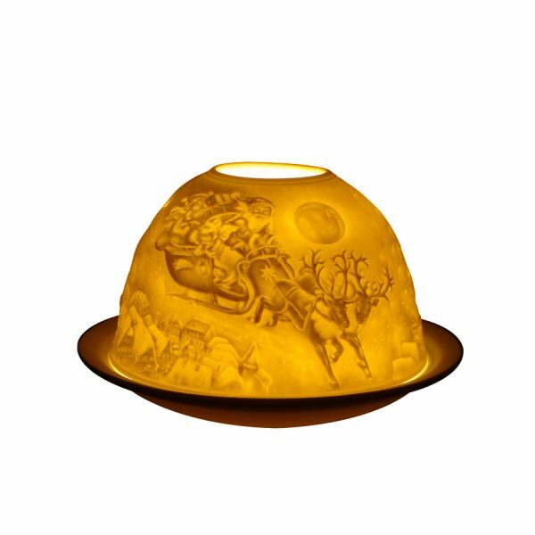 Lithophane Porcelain Ceramic Dome Candle Tealight Holder Christmas Votive Gift - Flying Sleigh - (8x12cm)
