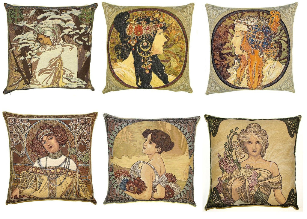 Alphonse Mucha Tapestry Cushion Covers Art Nouveau Design 18" x 18"