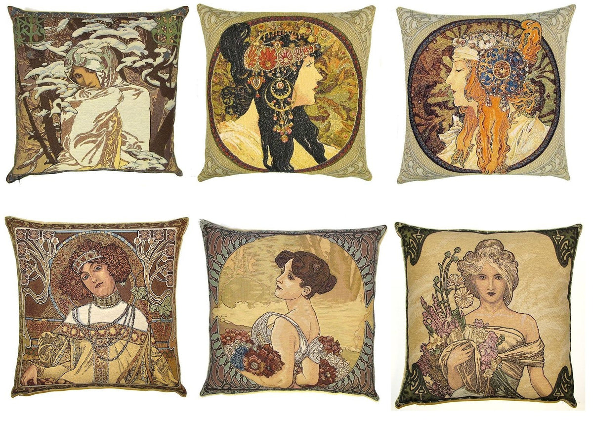 Alphonse Mucha Tapestry Cushion Covers Art Nouveau Design 18" x 18"